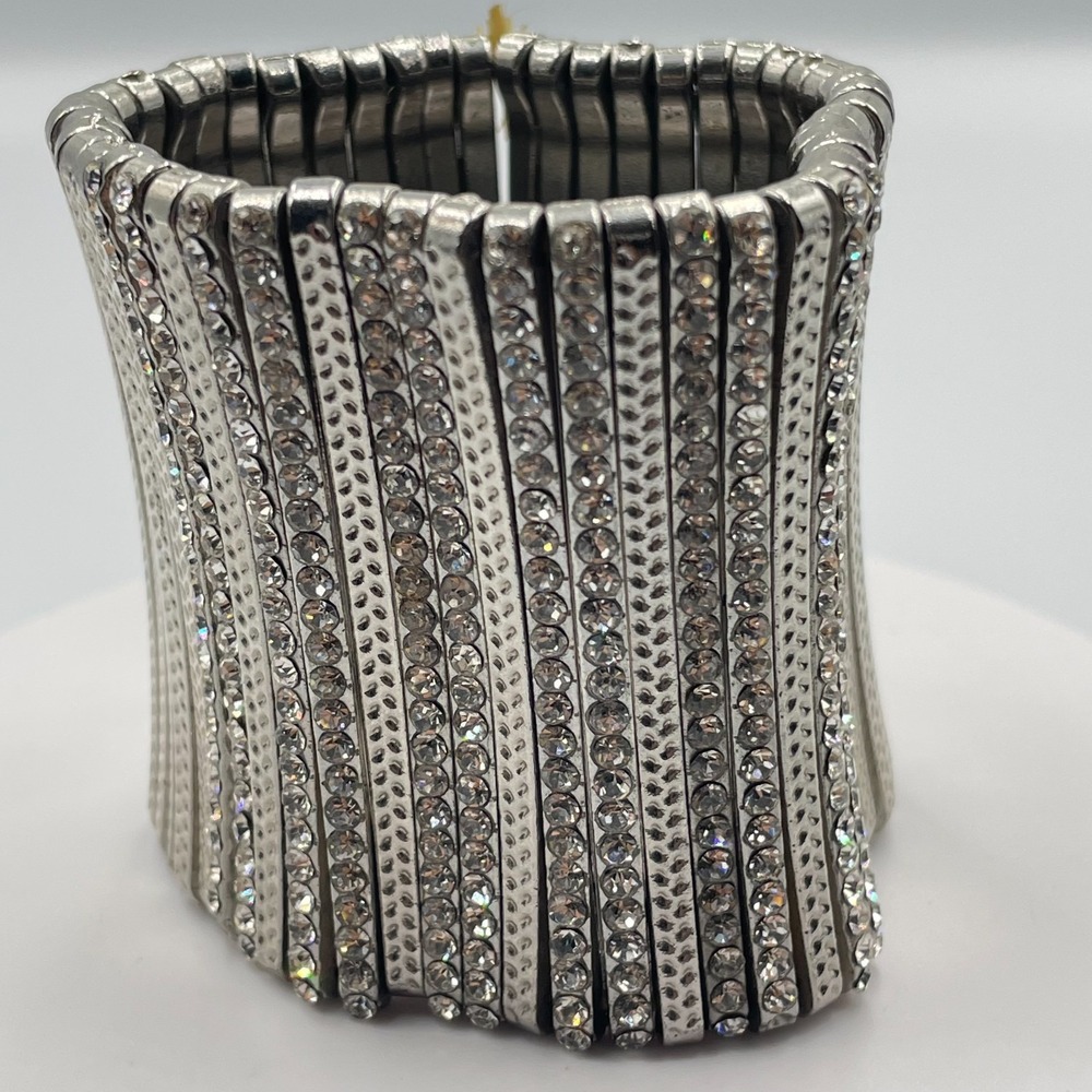 Vintage Y2K Silver Tone Wide Stretch Cuff Bracelet Rhinestone Bling Statement